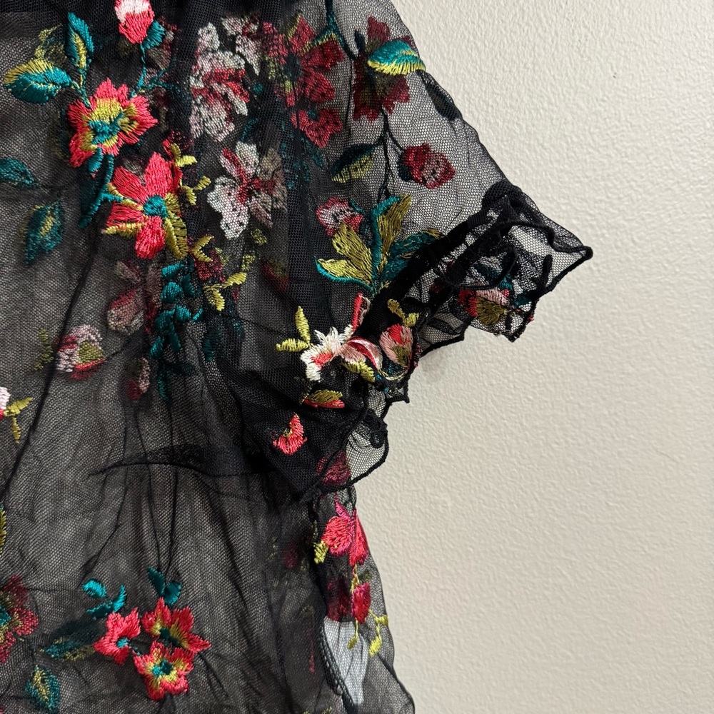 Floral Embroidered Sheer Black Top | Women’s Size Large - Picture 3 of 7
